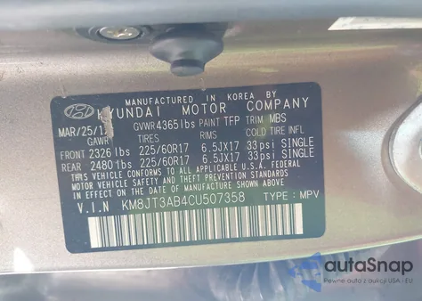 2012 Hyundai Tucson Gl from USA, damaged, VIN KM8JT3AB4CU507358